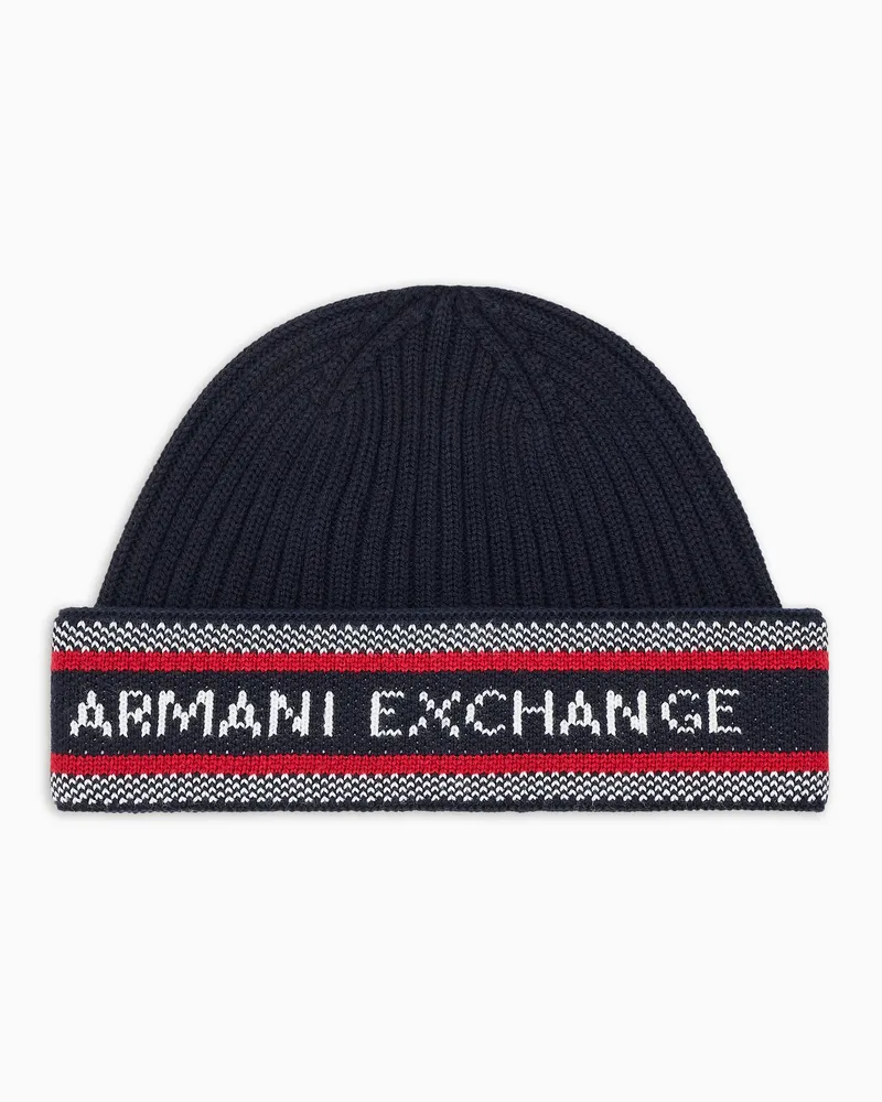 Armani Exchange WOOL BLEND LOGO LETTERING BEANIE Blau