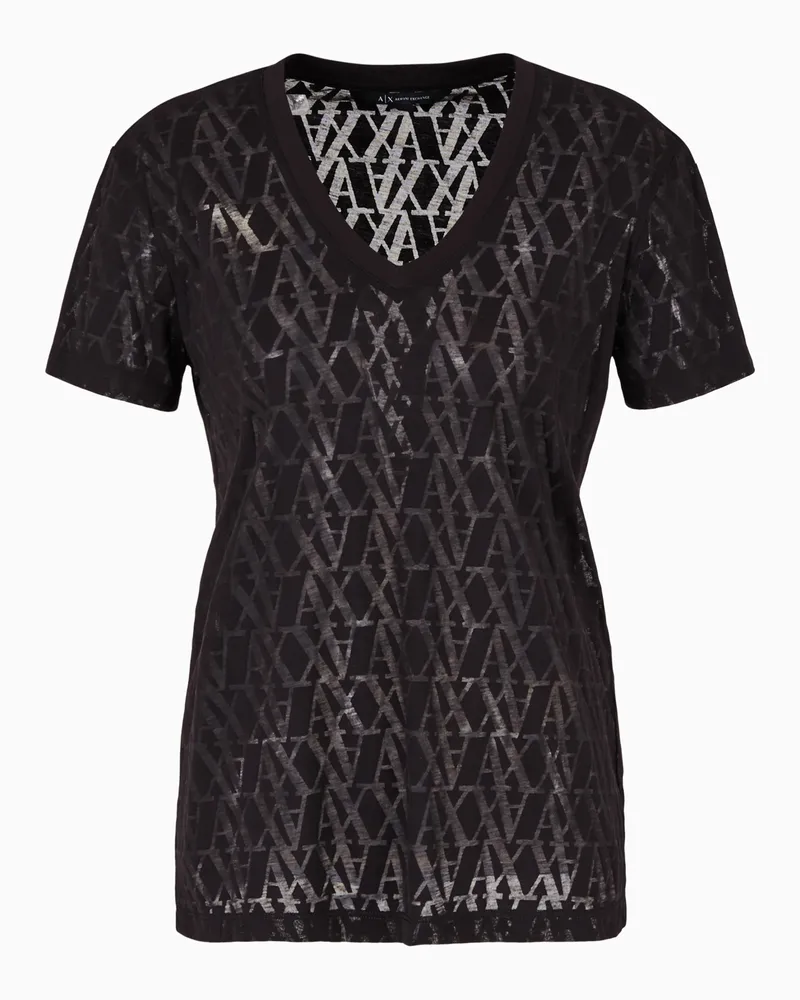 Armani Exchange T-Shirt mit normaler Passform aus geflammtem Stoff mit durchgehendem Monogramm Schwarz