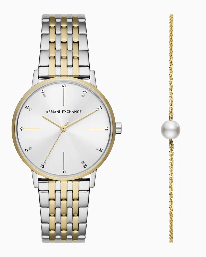 Armani Exchange Zweifarbiges Set aus Edelstahluhr und Armband mit drei Zeigern Mehrfarbig