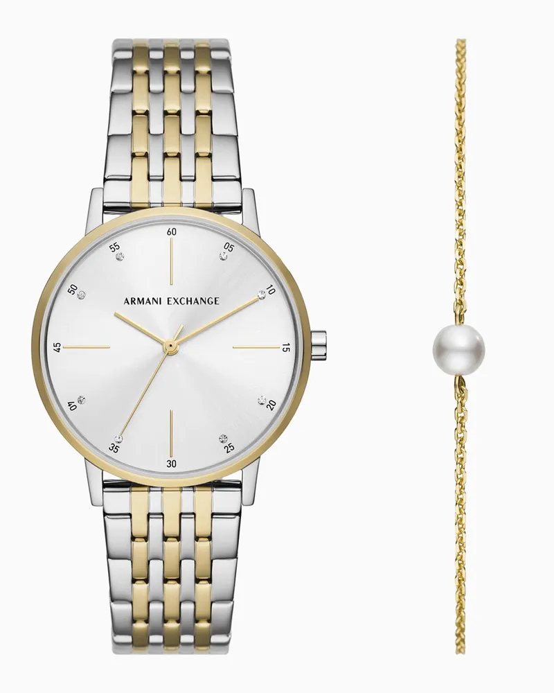 Armani Exchange Zweifarbiges Set aus Edelstahluhr und Armband mit drei Zeigern Mehrfarbig