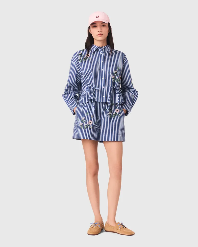 Maje Kurzes Streifenhemd Mit Stickerei - Weiß/blau Weiß