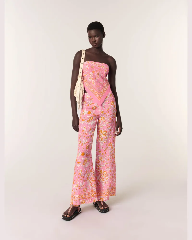 Maje Bedruckte Leinenhose - Imprime Fleurs Orange Rose Imprime