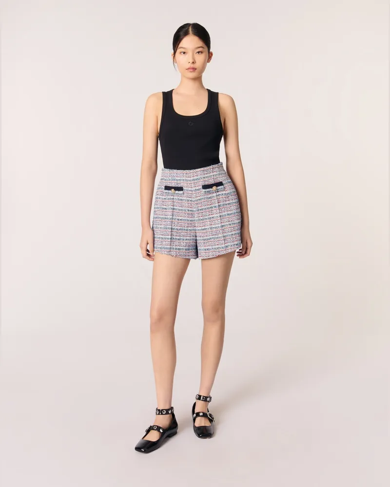 Maje Shorts Aus Tweed Mit Kontrastborten - Bleu / Rouge Bleu
