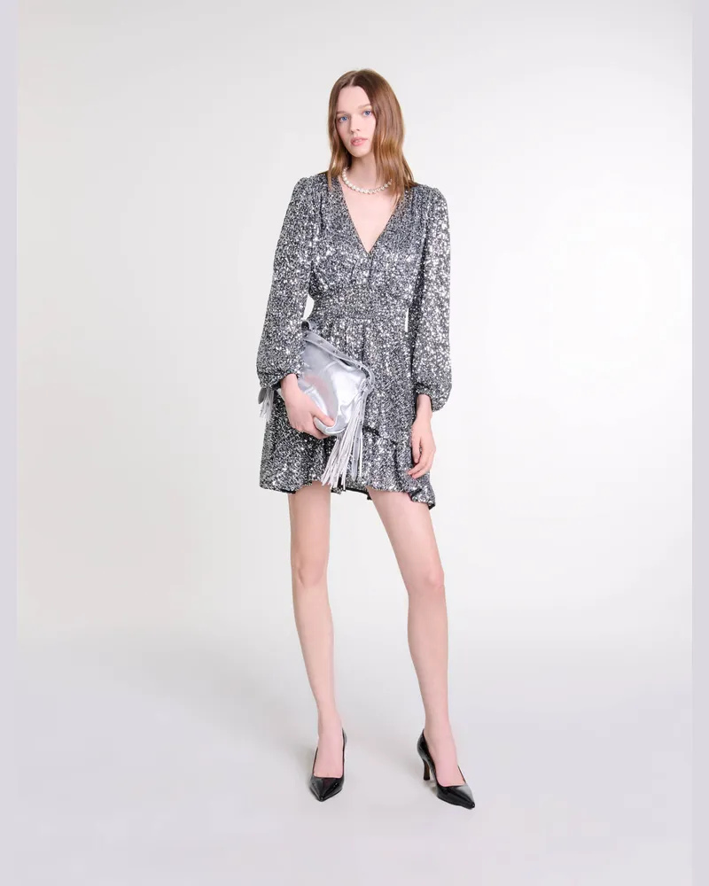 Maje Kurzes Kleid Mit Volants Und Pailletten - Abendkleid - Silber Silber