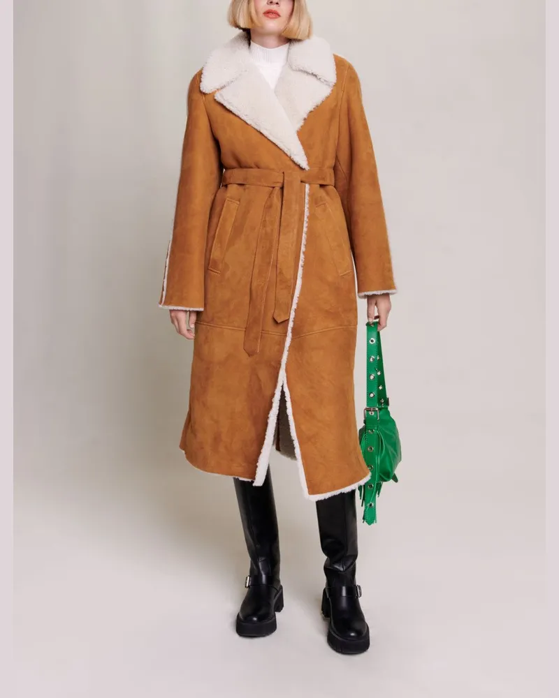 Maje Langer Shearlingmantel - Kamel Kamel