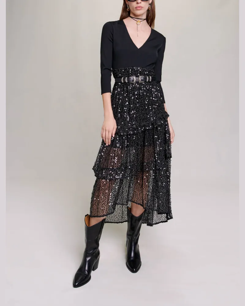 Maje Langes Mesh-kleid Mit Pailletten - Schwarz Schwarz