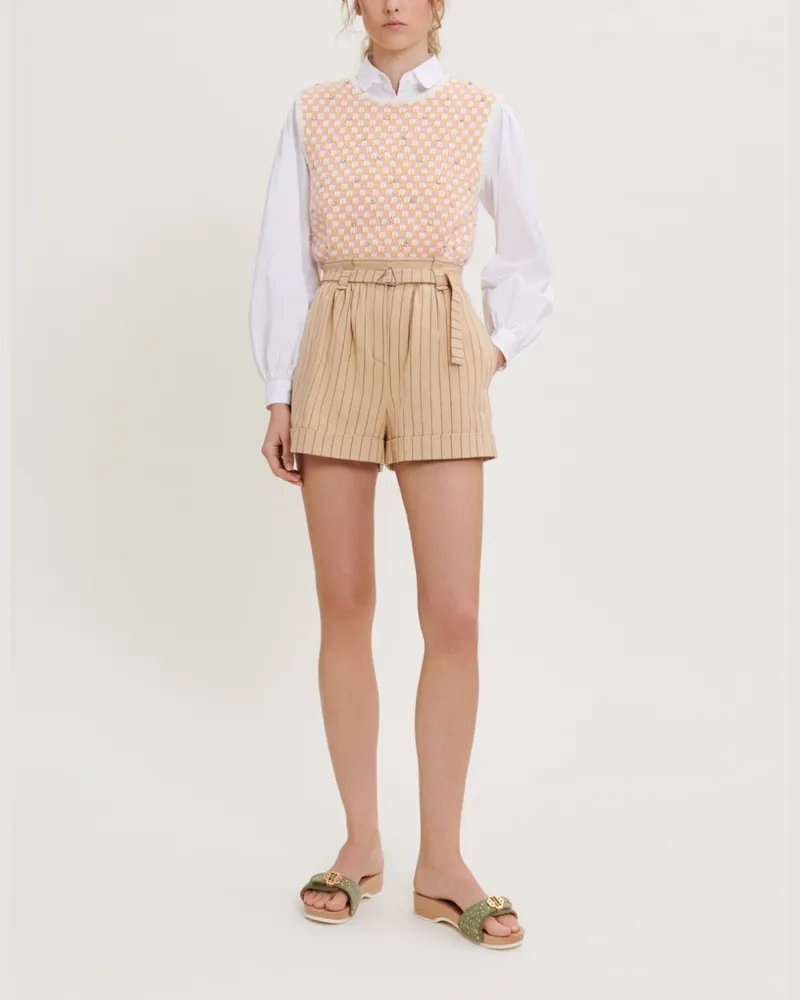Maje Gestreifte Shorts Mit Gürtel - Beige Beige