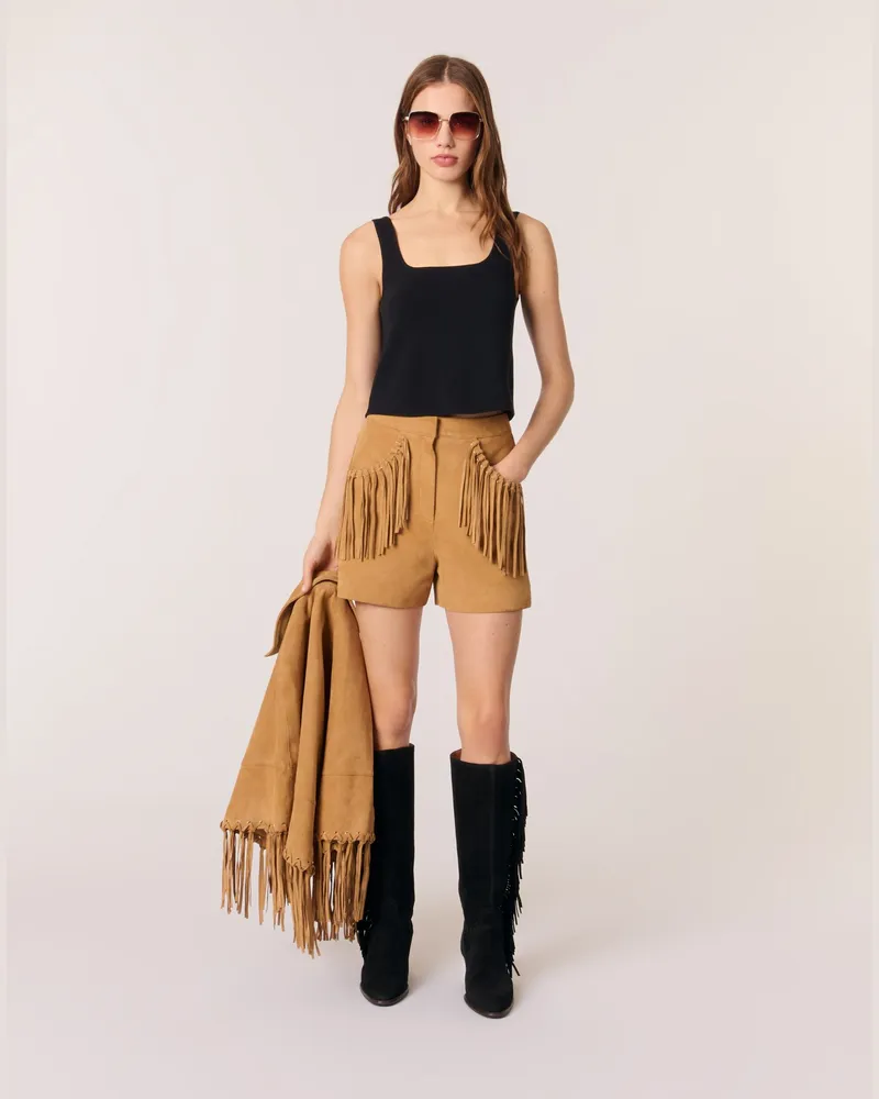 Maje Shorts Mit Fransen Aus Nubuk - Beige Beige