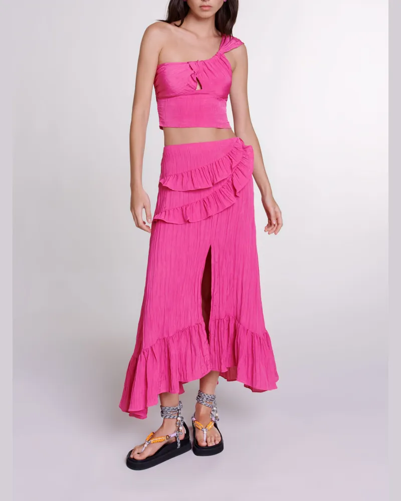 Maje Langer Satinrock In Knitteroptik - Rosa Fuchsia Rosa