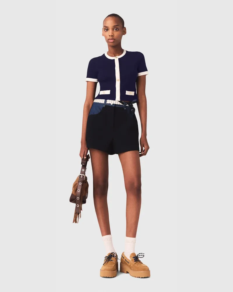 Maje Kurzer Cardigan Mit Kontrastdetails - Grau Marine