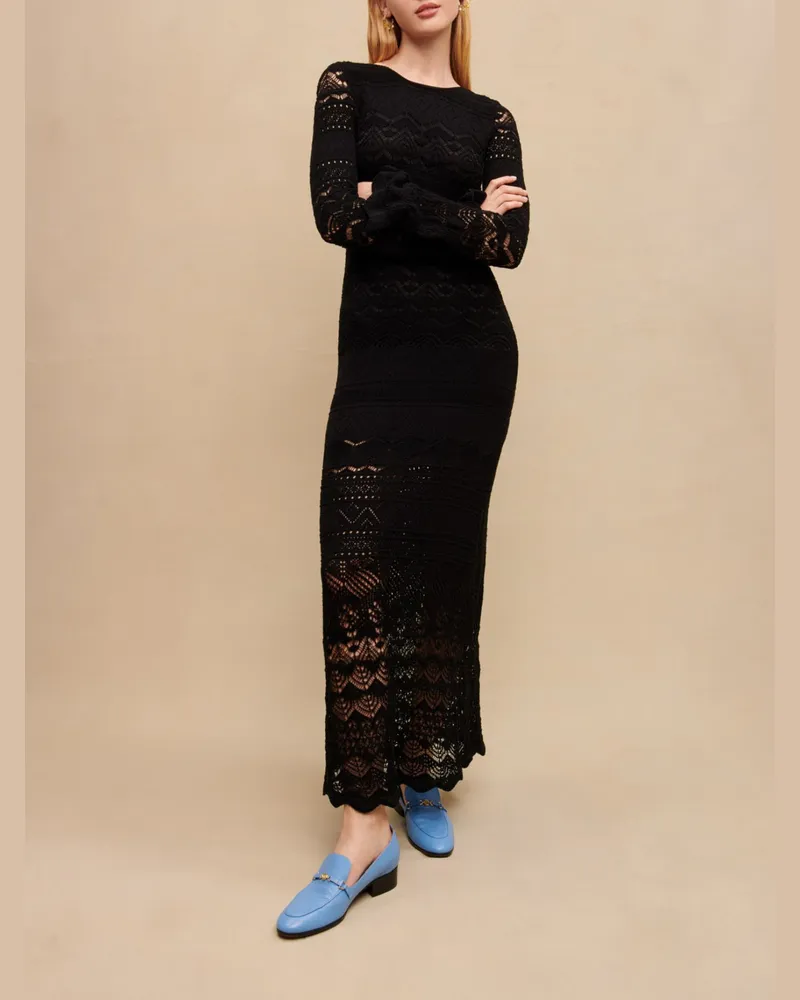 Maje Robe Longue En Maille Ajourée - Schwarz Schwarz