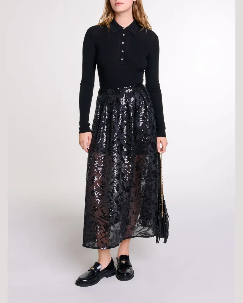Maje Langer Paillettenrock - Kleid mit Pailletten - Schwarz Schwarz