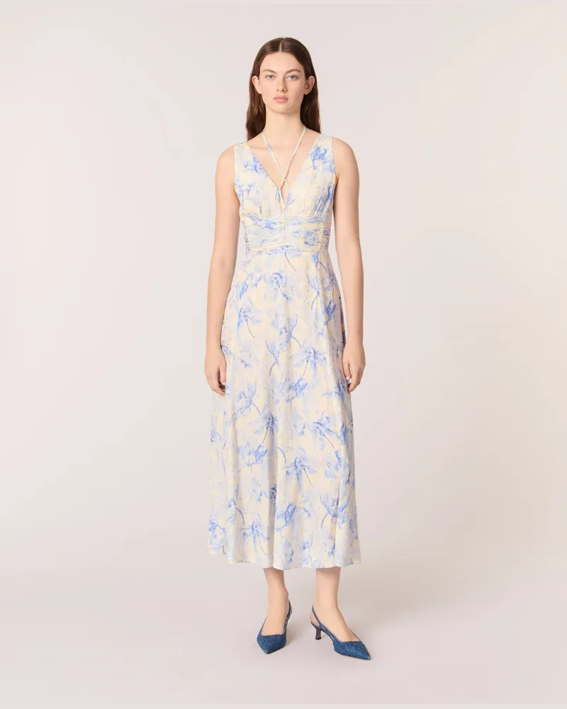 Maje Langes Kleid Mit Print Und Schnürung - Imprime Fleur Bleue Fond Ecru Imprime