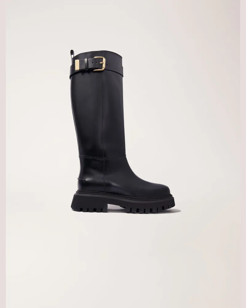 Maje Lederstiefel Mit Schnalle - Schwarz Schwarz