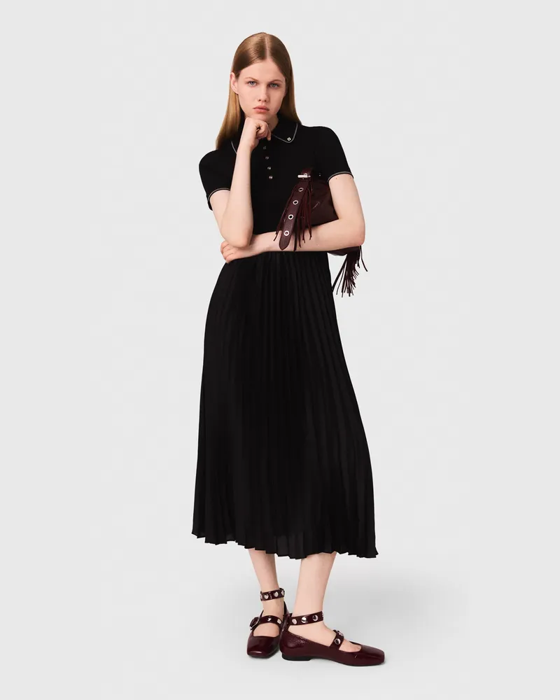 Maje Langes Plissee-kleid Mit Polo-krag - Schwarz Schwarz