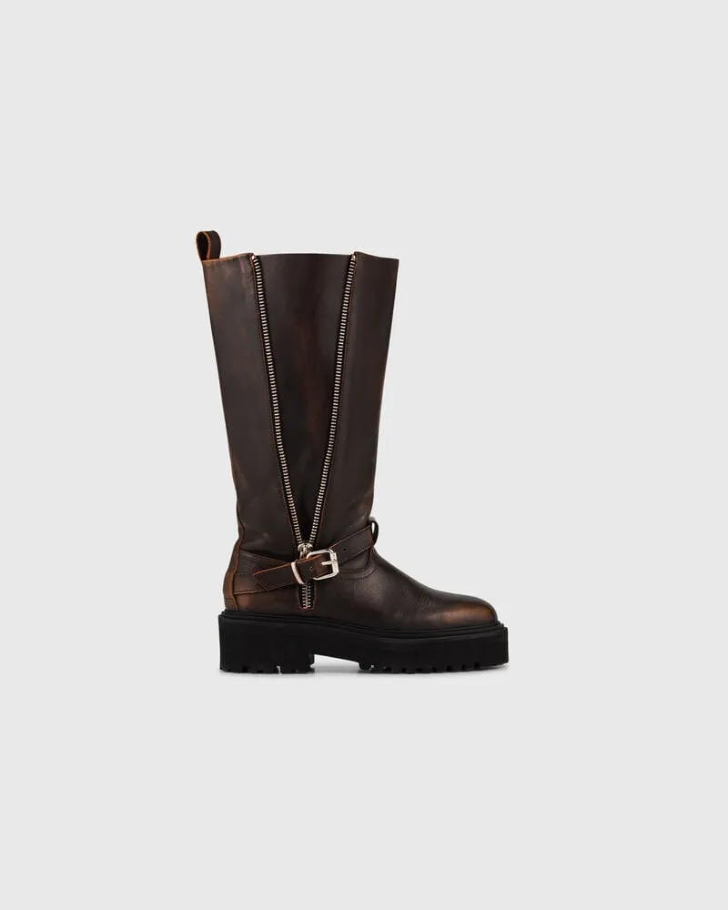 Maje Bikerstiefel Aus Leder - Dunkelbraun Dunkelbraun