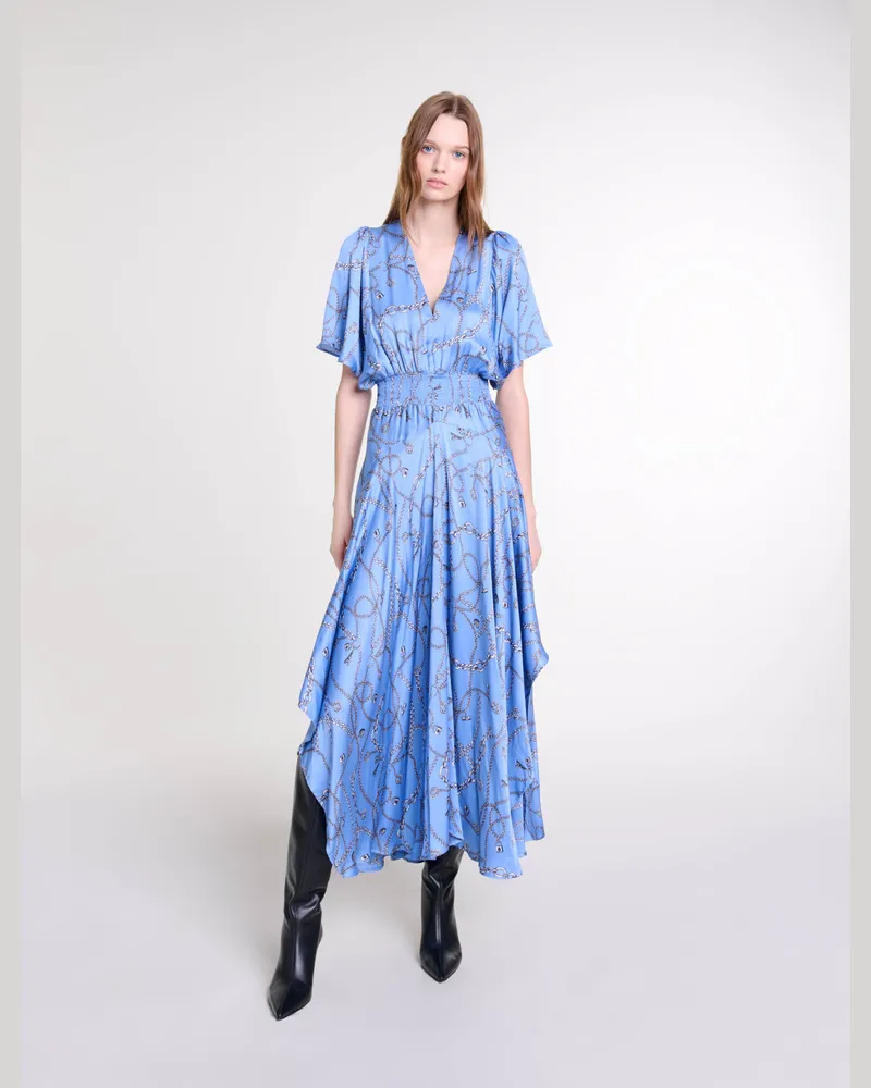 Maje Langes Bedrucktes Kleid - Imprime Chaines Bleu Imprime