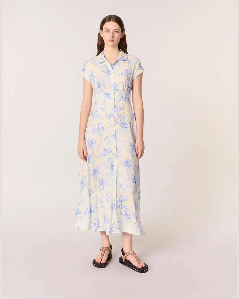 Maje Langes Bedrucktes Kleid - Imprime Fleur Bleue Fond Ecru Imprime