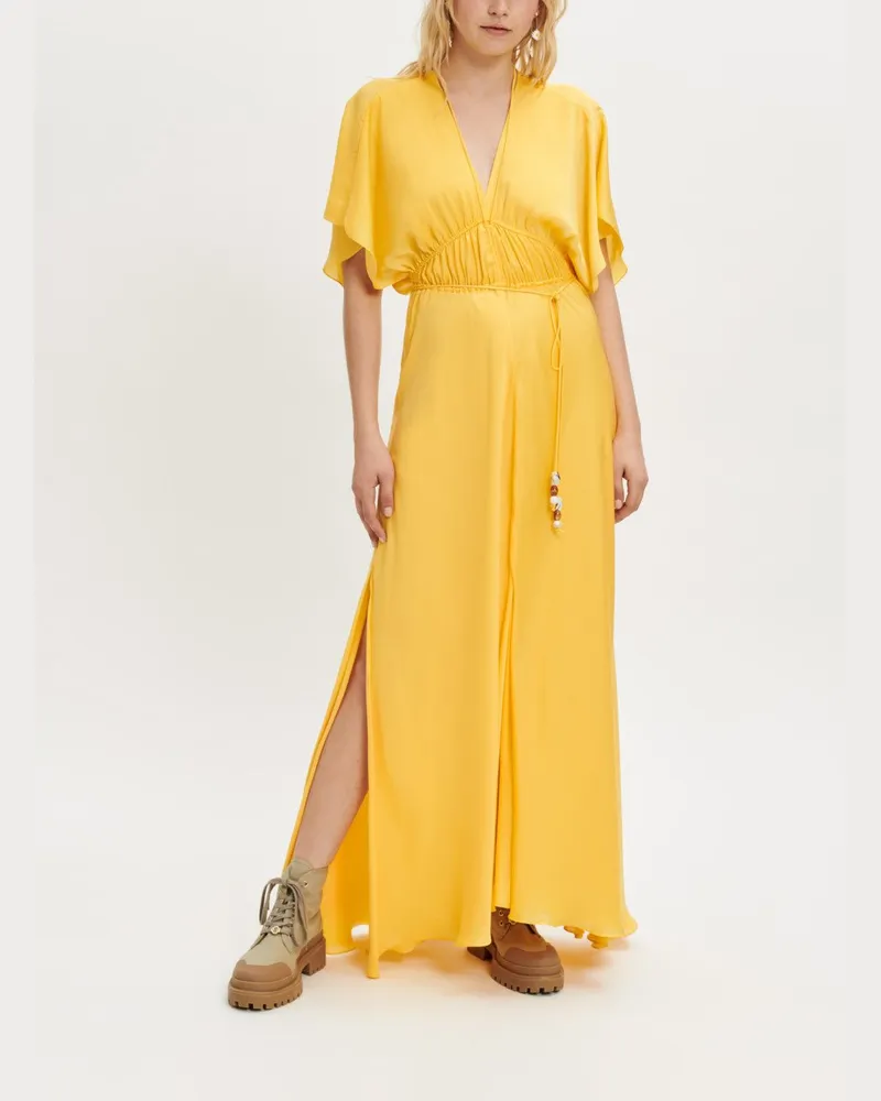 Maje Schalkleid Aus Satin Mit Perlenschmuck - Gelb Gelb