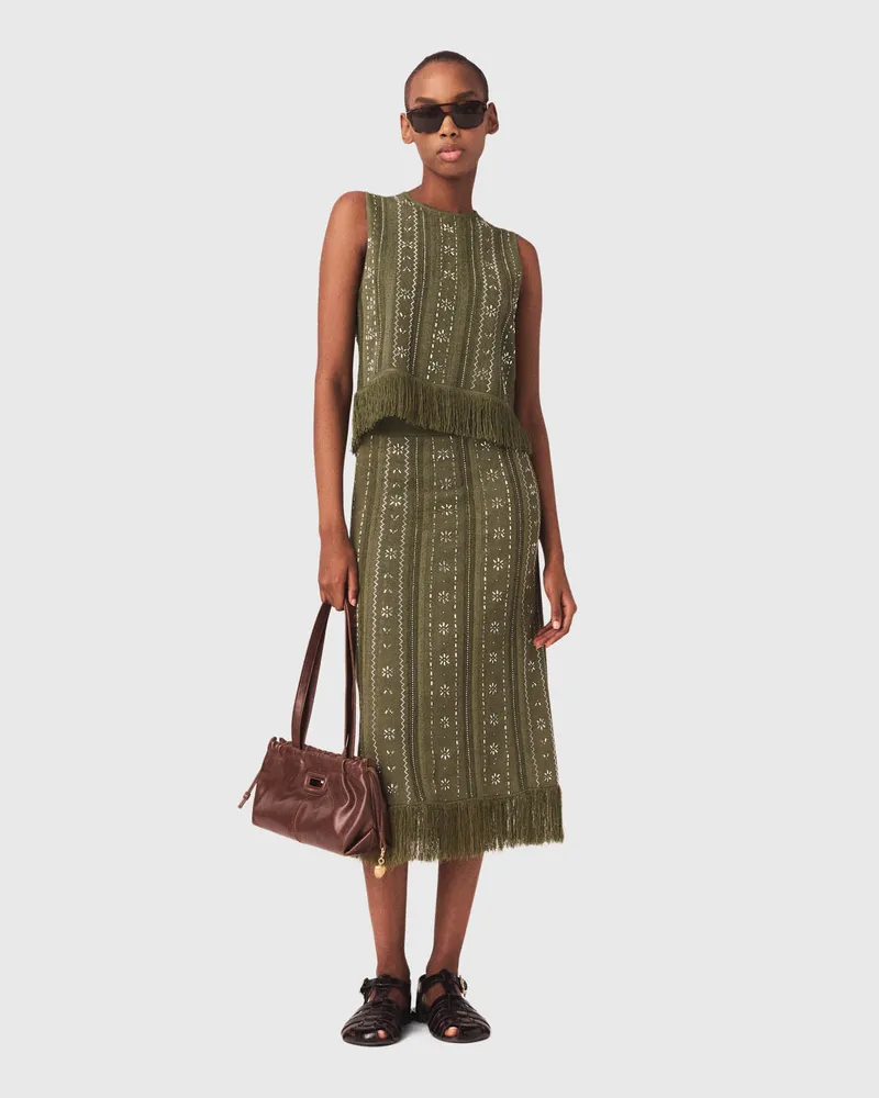 Maje Strickrock Mit Strassblumen - Khaki Khaki