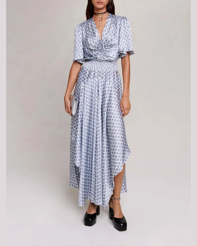 Maje Langes, Asymmetrisches Satinkleid - Monogramm Clover Ecru/blau Monogramm