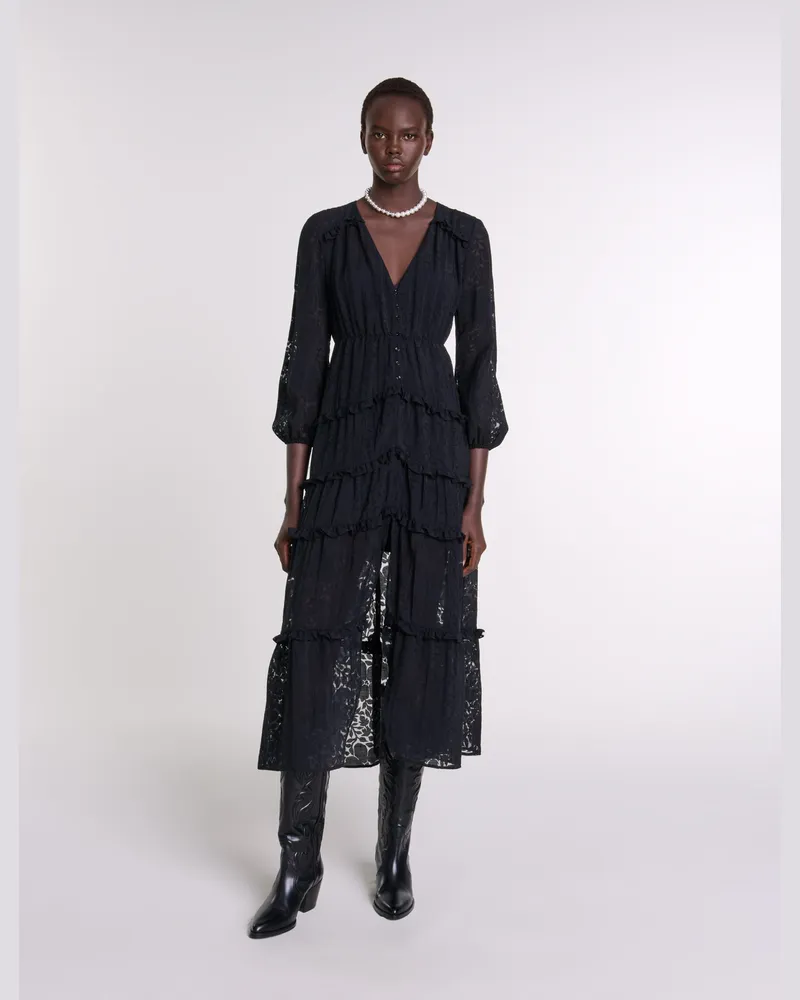 Maje Langes Rüschenkleid Mit Muster - Abendkleid - Schwarz Schwarz