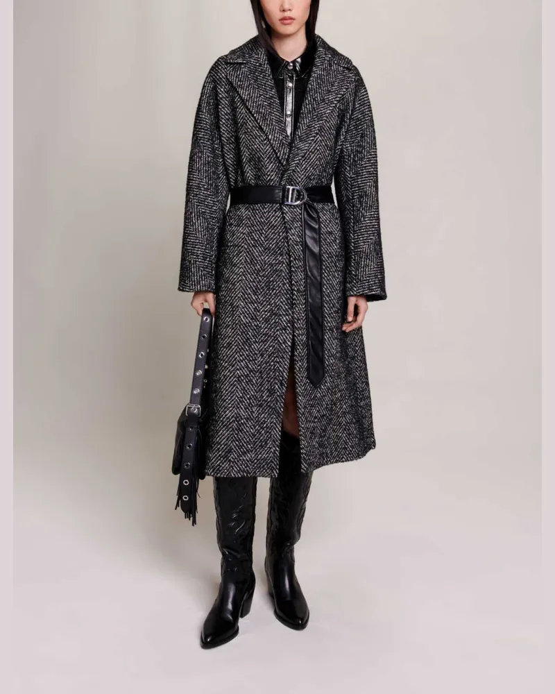 Maje Langer Mantel Mit Fischgrätenmuster - Schwarz / Weiß Schwarz