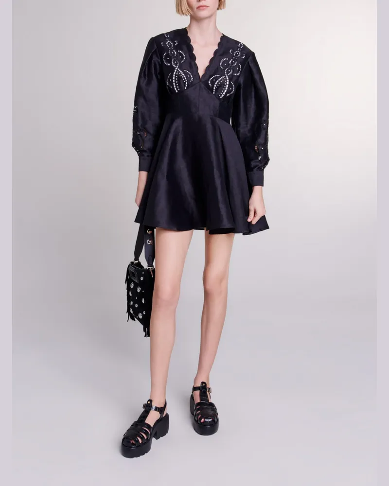 Maje Kurzes Leinenkleid Mit Stickerei - Schwarz Schwarz