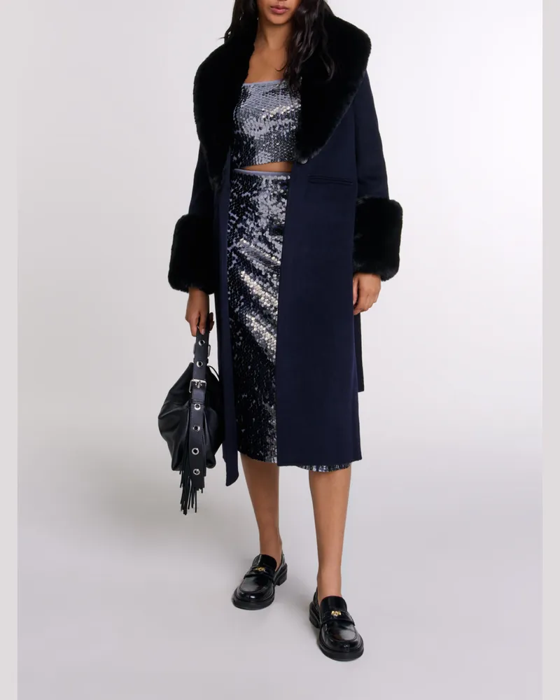 Maje Doubleface-mantel Mit Webpelz - Marineblau Marine