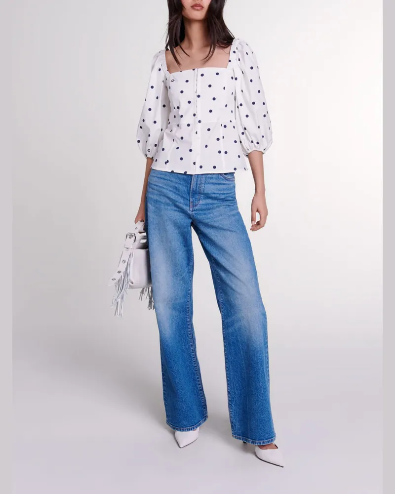 Maje Top Mit Puffärmeln - Pois Marine Et Blanc Pois