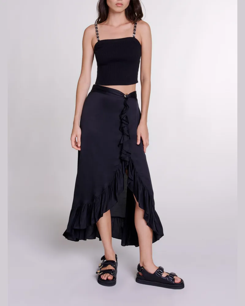 Maje Langer Satinrock Mit Volants - Schwarz Schwarz