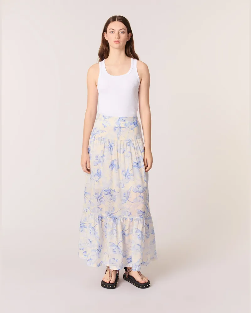 Maje Langer Rock Mit Blumendruckmuster - Imprime Fleur Bleue Fond Ecru Imprime