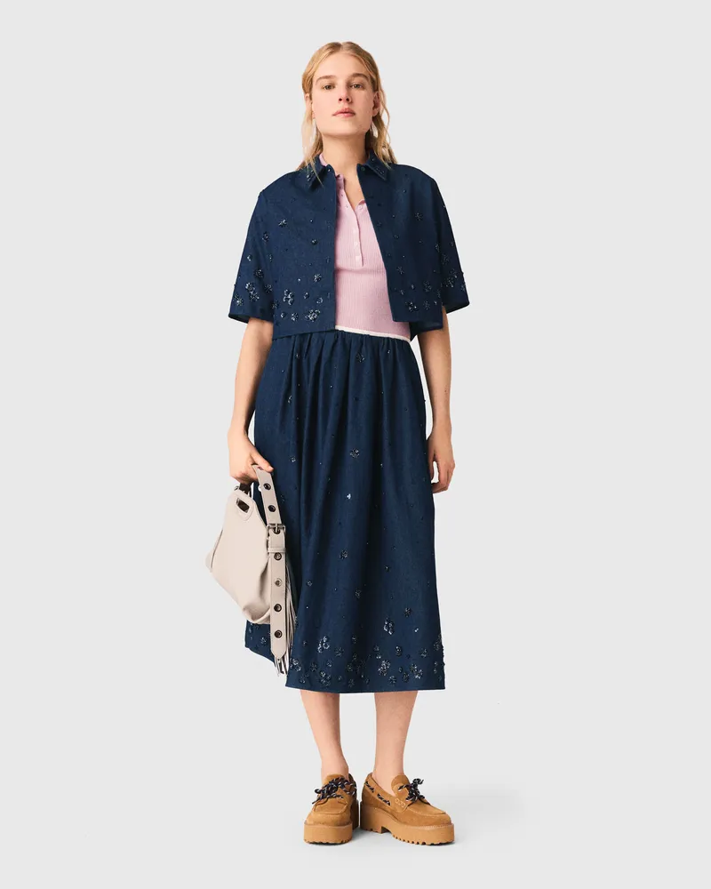 Maje Besticktes Kurzes Jeanshemd - Marineblau Marine