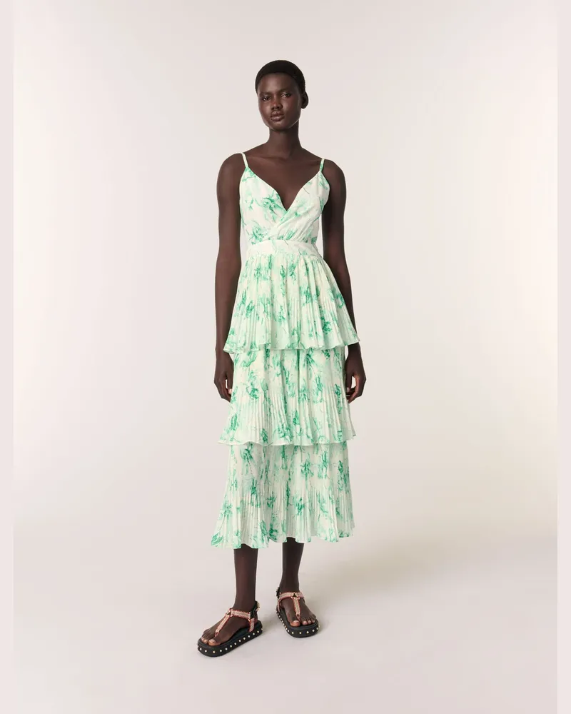 Maje Bedrucktes Langes Kleid Mit Volants - Imprime Floral Vert Fond Ecru Imprime