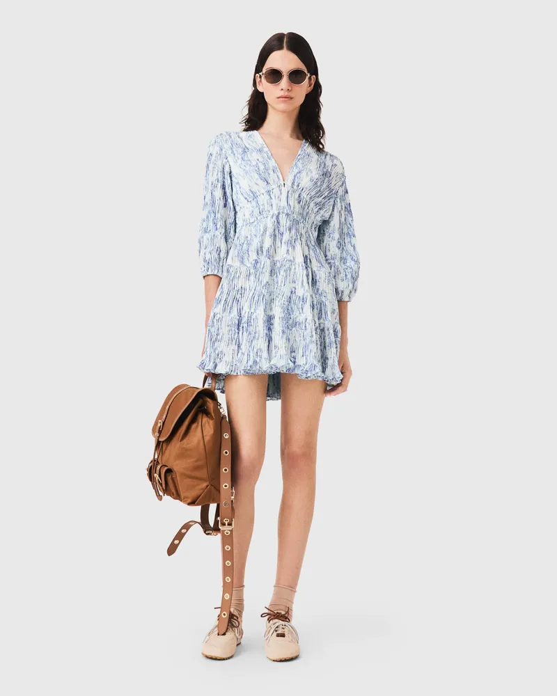 Maje Plissiertes Kleid Mit Print - Bleu Ciel Grosses Fleurs Print Bleu