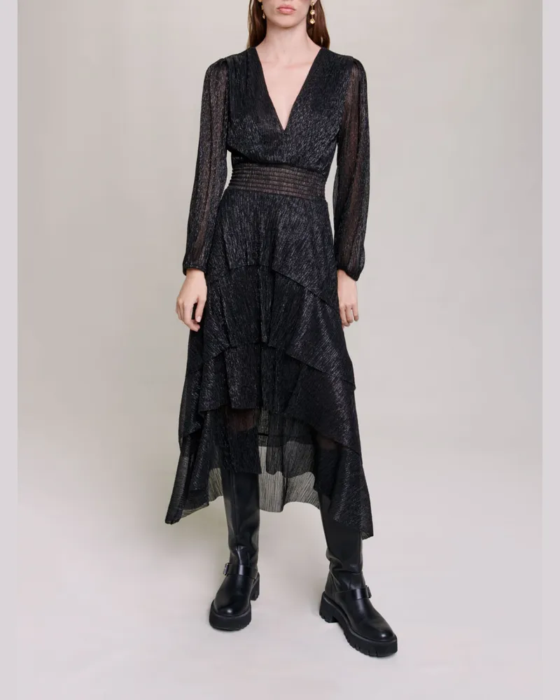 Maje Volantskleid In Plissiertem Stretch-lamé - Schwarz Schwarz