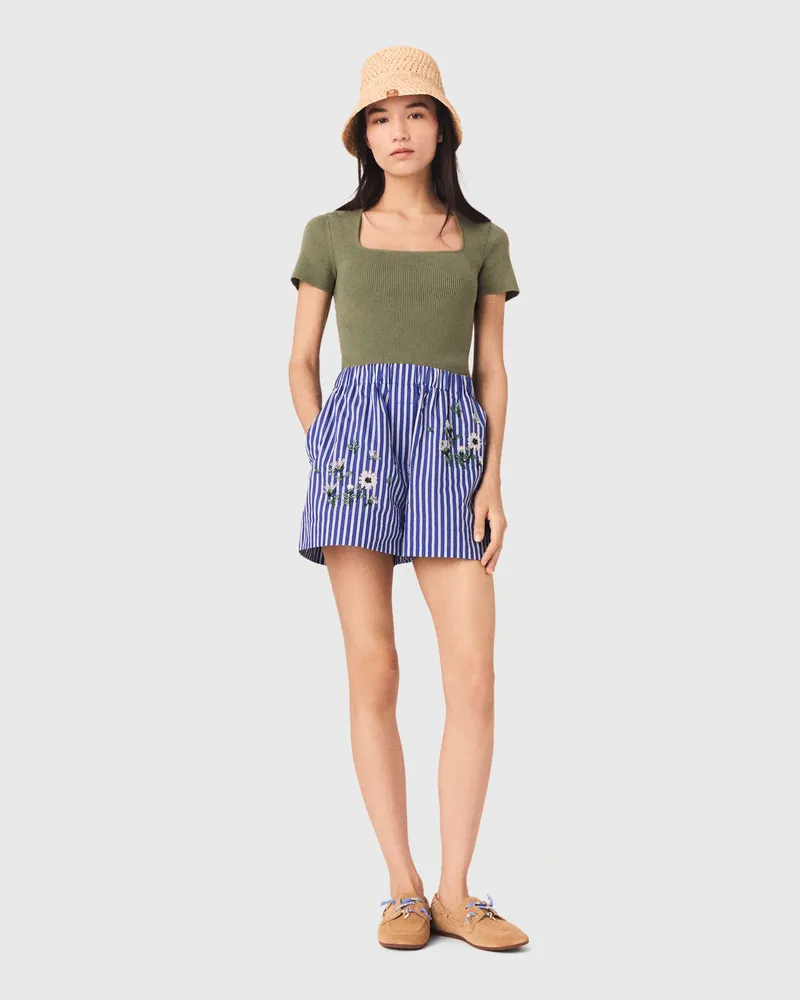 Maje Gestreifte Bestickte Baumwollshorts - Weiß/blau Weiß