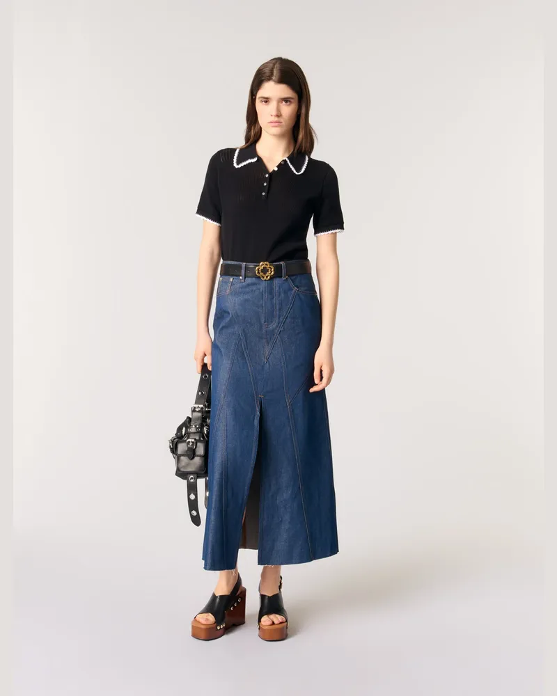 Maje Poloshirt Aus Pointelle-strick - Schwarz Schwarz