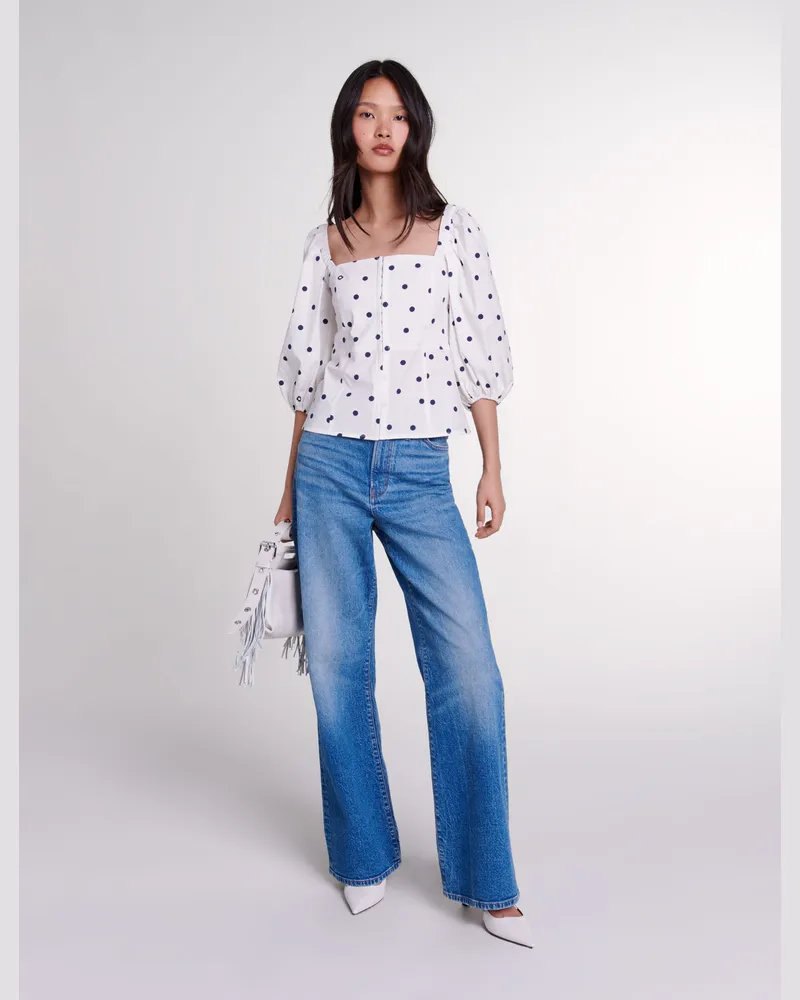 Maje Top Mit Puffärmeln - Pois Marine Et Blanc Pois