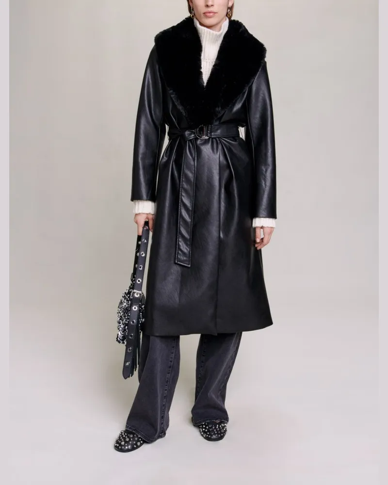 Maje Langer Mantel Leder-effekt - Schwarz Schwarz