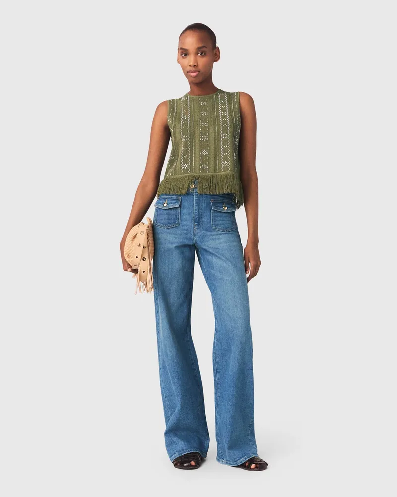 Maje Top Mit Strassblumen Und Fransen - Khaki Khaki