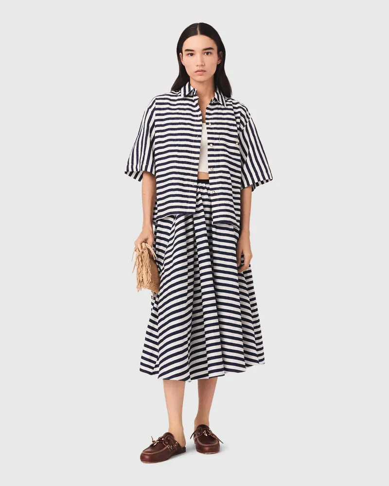 Maje Midirock Aus Leinenmischung - Weiß/blau Weiß