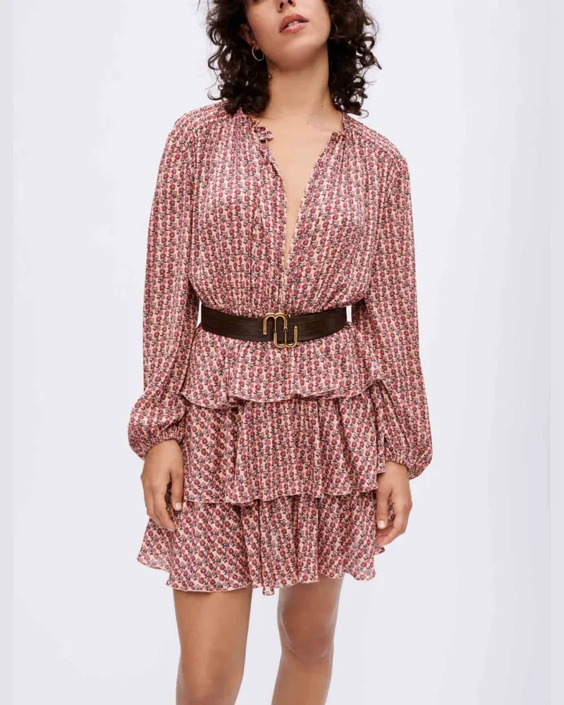 Maje Bedrucktes Fließendes Kleid Mit Volants - Mini-blumen Dunkelrosa Mini-blumen