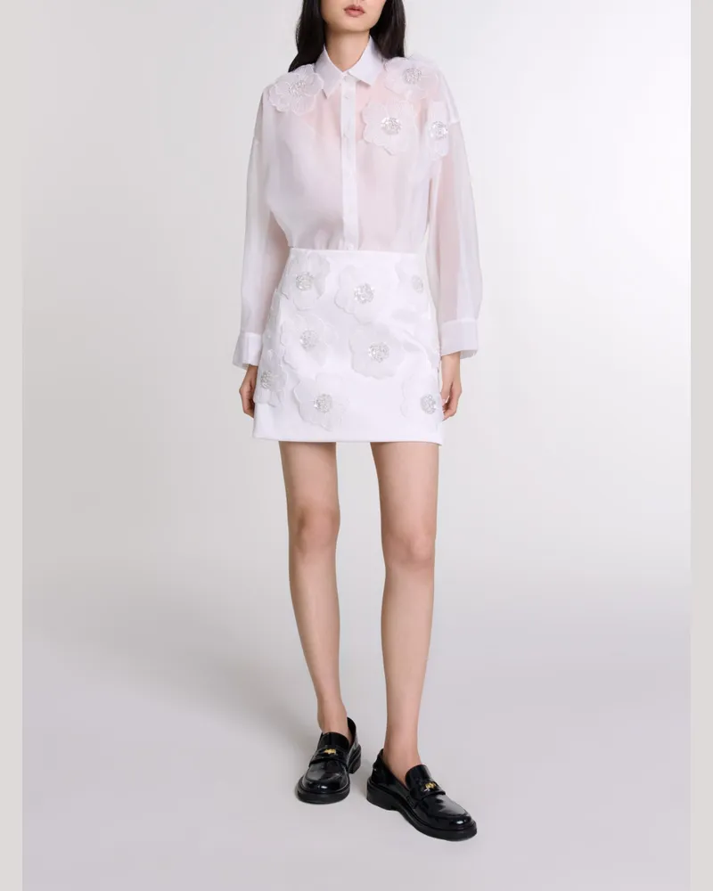 Maje Satinrock Mit Perlenblumen - Festliche Kleidung - Weiß Weiß