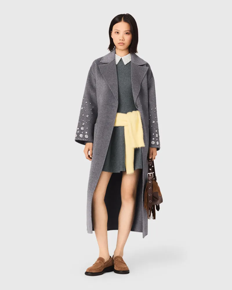 Maje Langer Doubleface-mantel Mit Strass - Grau Grau