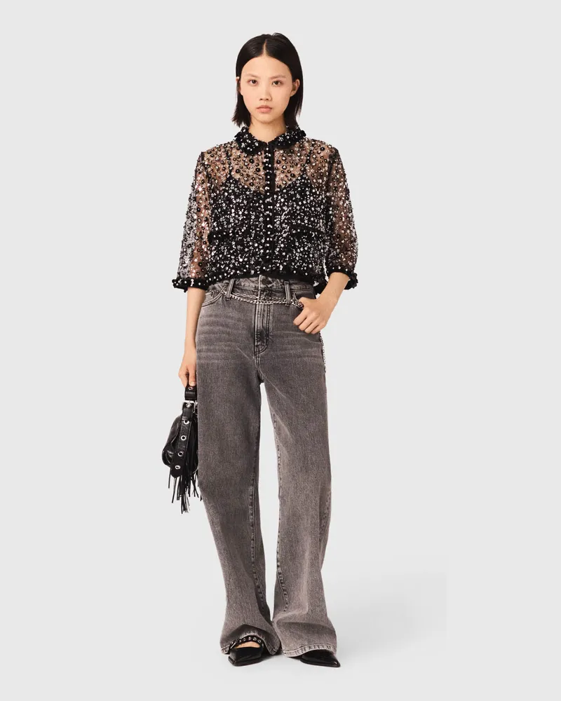 Maje Polo Mit Strass Und Floralem Muster - Schwarz Schwarz