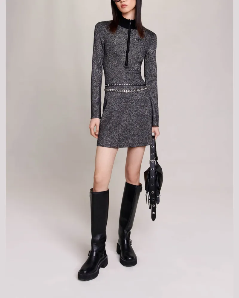 Maje Kurzes Strickkleid Mit Pailetten - Schwarz/silber Schwarz