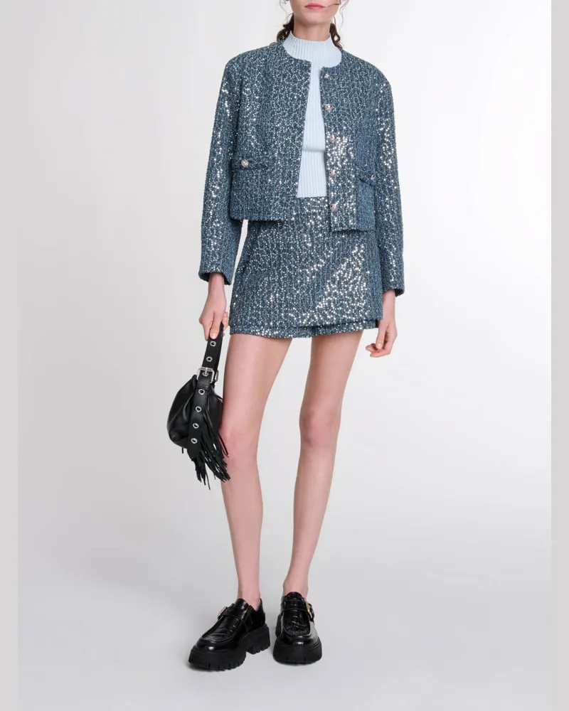 Maje Tweed-jacke Mit Pailletten - Bleu Argente Bleu