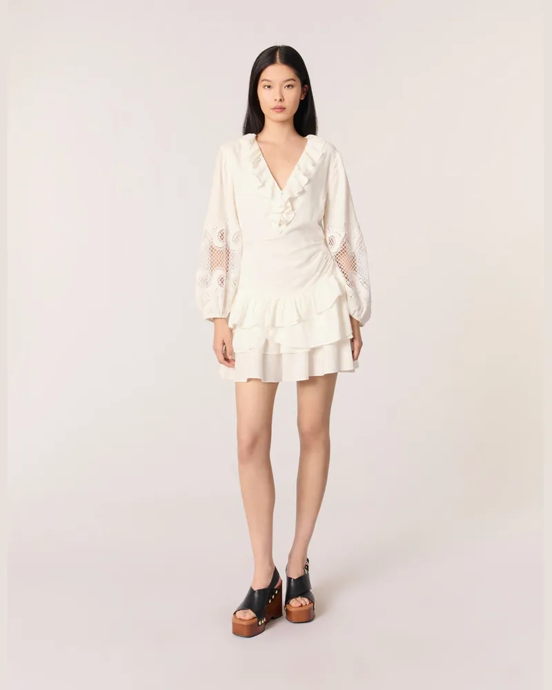 Maje Kleid Mit Volants Und Stickereien - Ecru Ecru