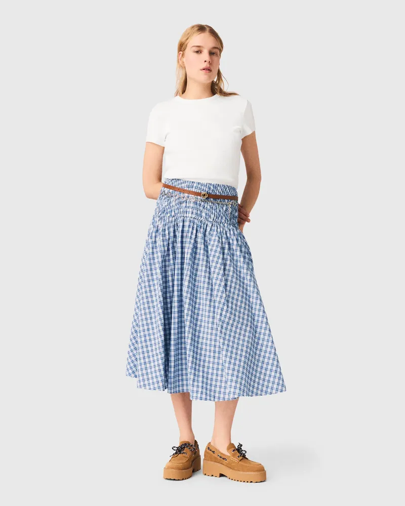 Maje Langer Baumwollrock Mit Strass - Carreaux Bleus Print Carreaux